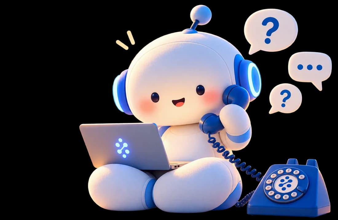 Kulaklıklı sevimli robot, dizüstü bilgisayarı kucağında telefonla soruları yanıtlıyor; çevresinde soru işaretli konuşma balonları var