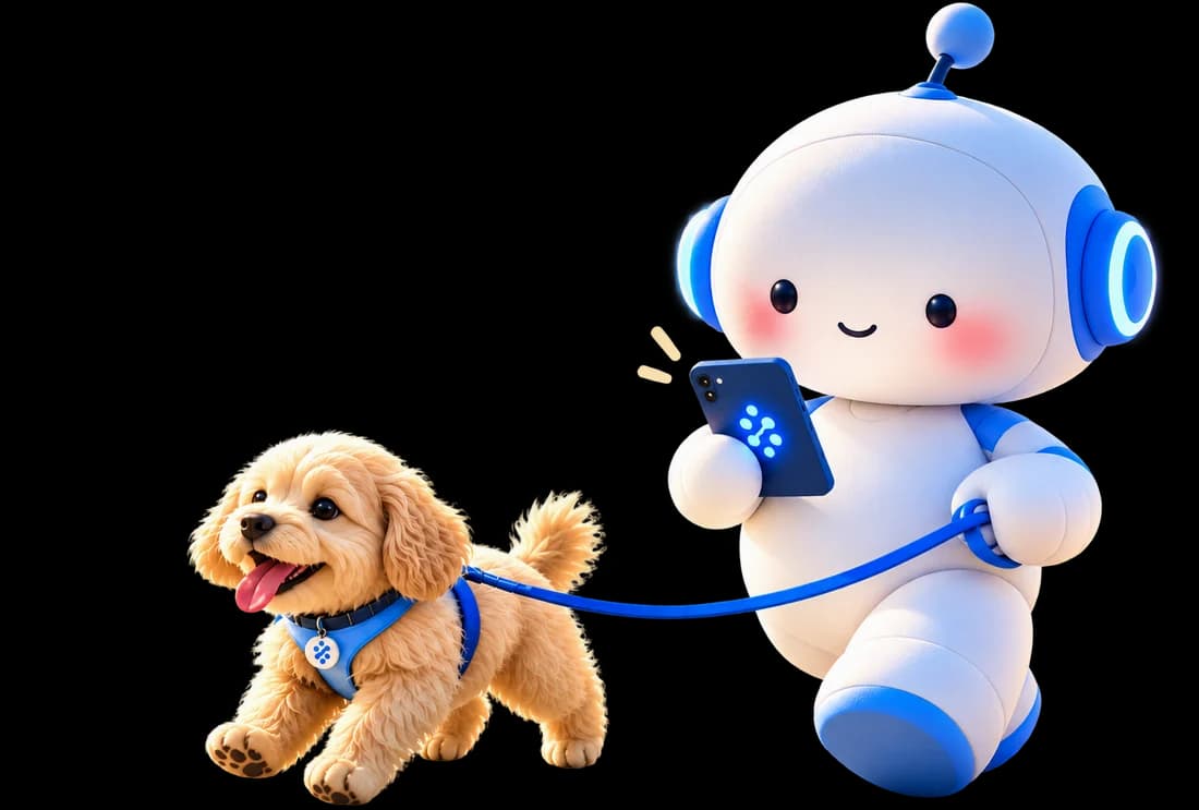 Elinde telefonla ZeynERP'e bakan sevimli robot, tasmasındaki mutlu yavru köpeği yürüyüşe çıkarıyor
