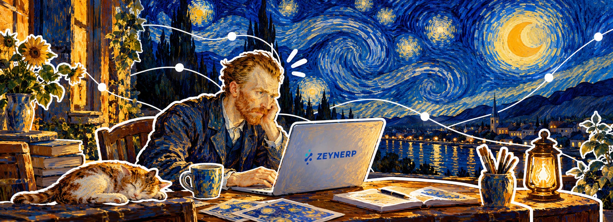 Van Gogh tarzında bir sahne: Yıldızlı Gece manzarası önünde Zeynerp logolu dizüstü bilgisayarda çalışan bir ressam, yanında uyuyan bir kedi ve fener